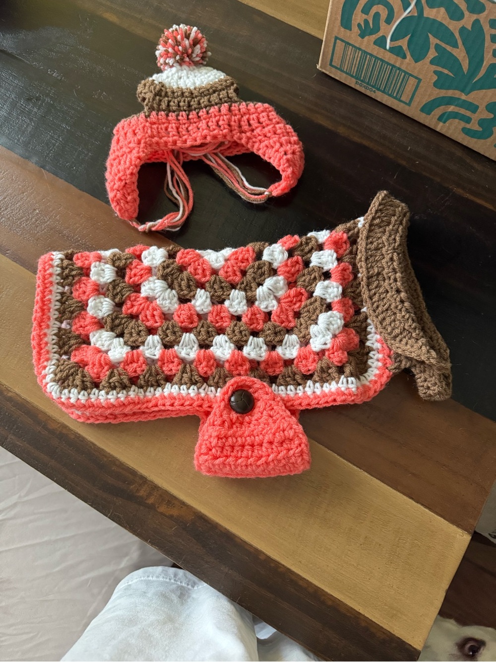 Handmade pet Coral, Brown & White Crochet Hat and sweater Set